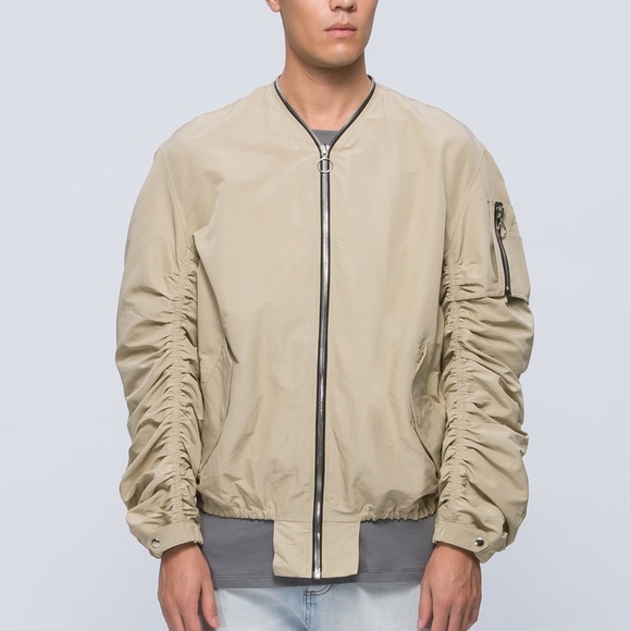 MR.COMPLETELY Jacket Mens Large Beige Ruched Sleeve Bomber Silk Lined Full Zip